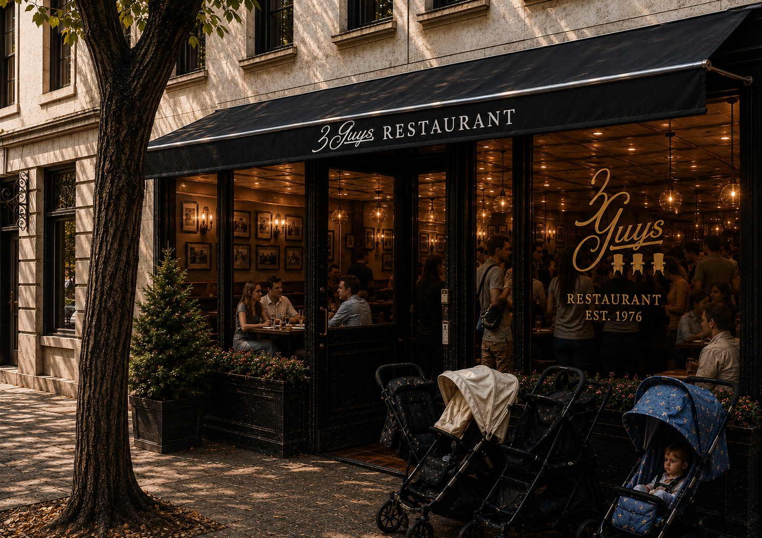 Three Guys restaurant storefront on Madison Avenue with families gathered outside.