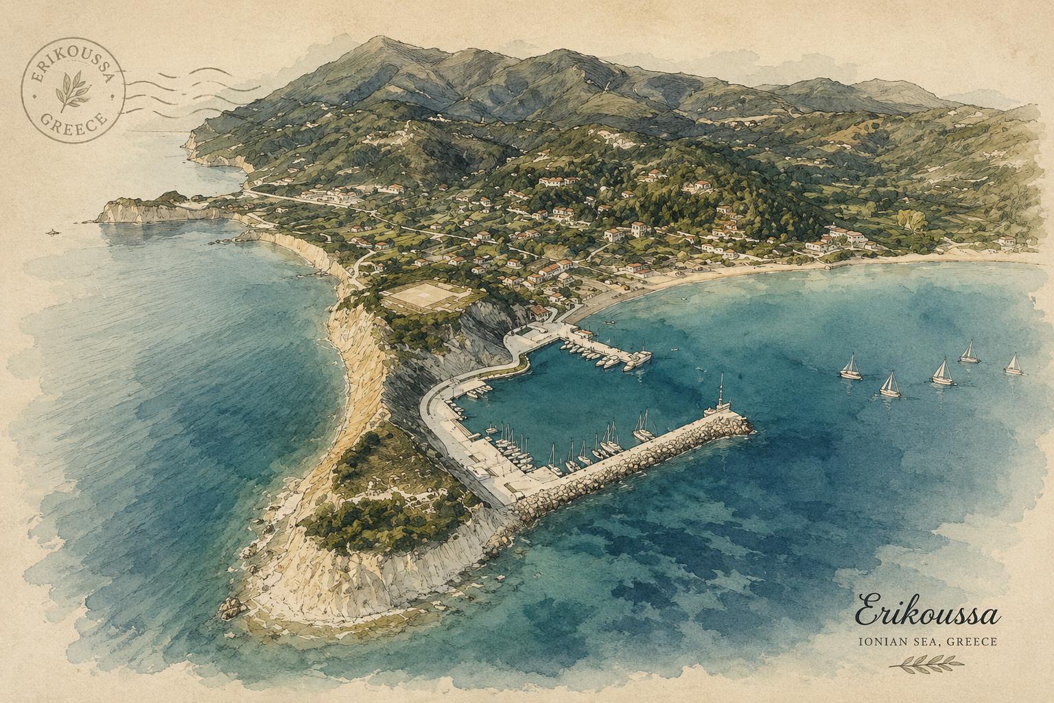 Illustrated aerial view of Ereikoussa with coastline, harbor, and hills.