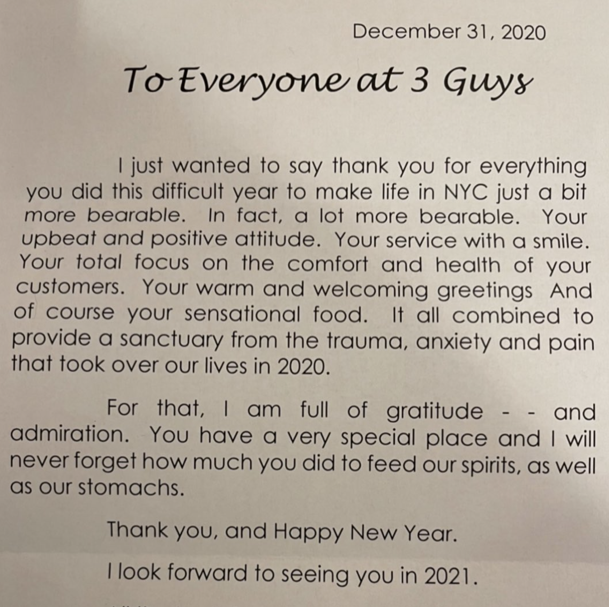 Scanned customer thank-you letter to everyone at Three Guys from December 31, 2020.